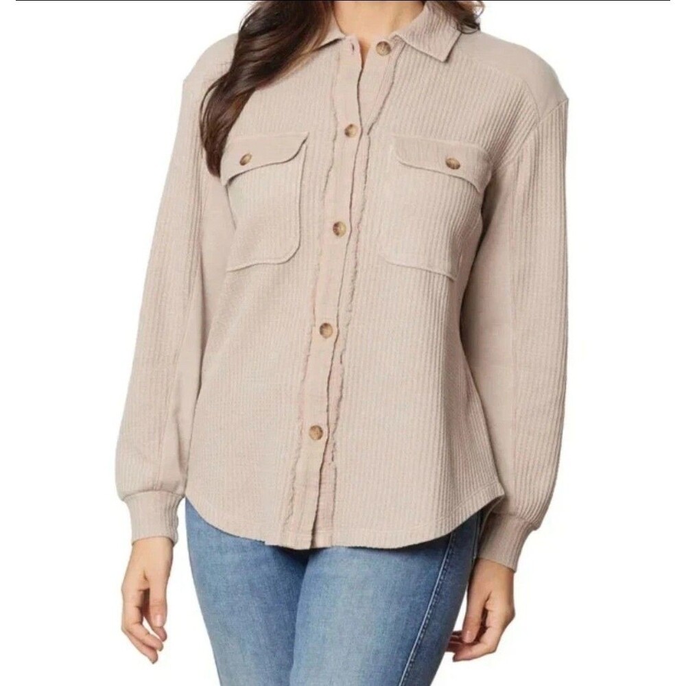 Briggs Women's Waffle Button-Front Long Sleeves Pockets Shirt, Tan, L, NWT C5